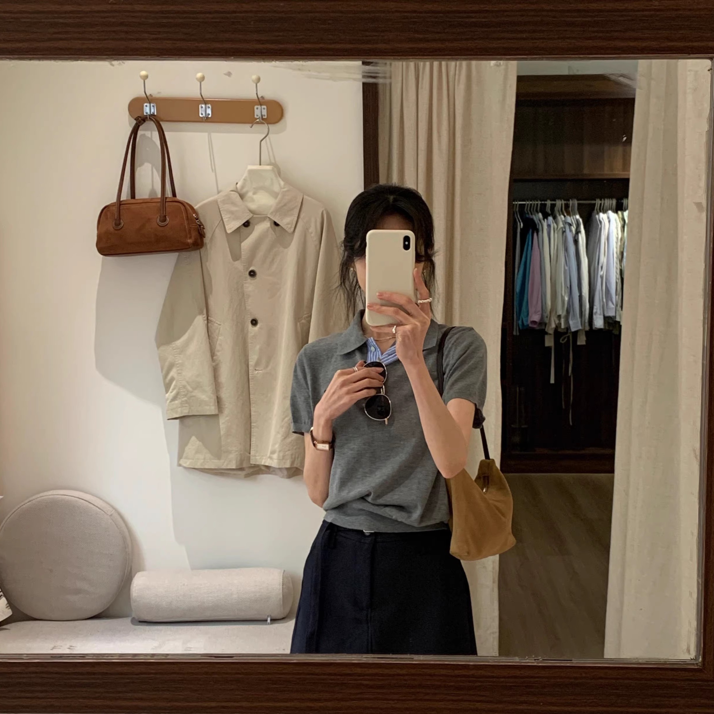 BRIVIN韓系灰色假兩件設計感短袖T恤女2026春夏新款撞色條紋上衣