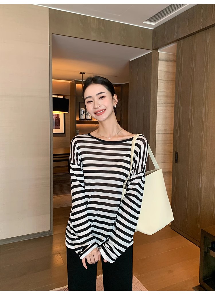 Maven Lin 130支醋酸膠原蛋白紗條紋長袖上衣女大圓領防曬罩衫
