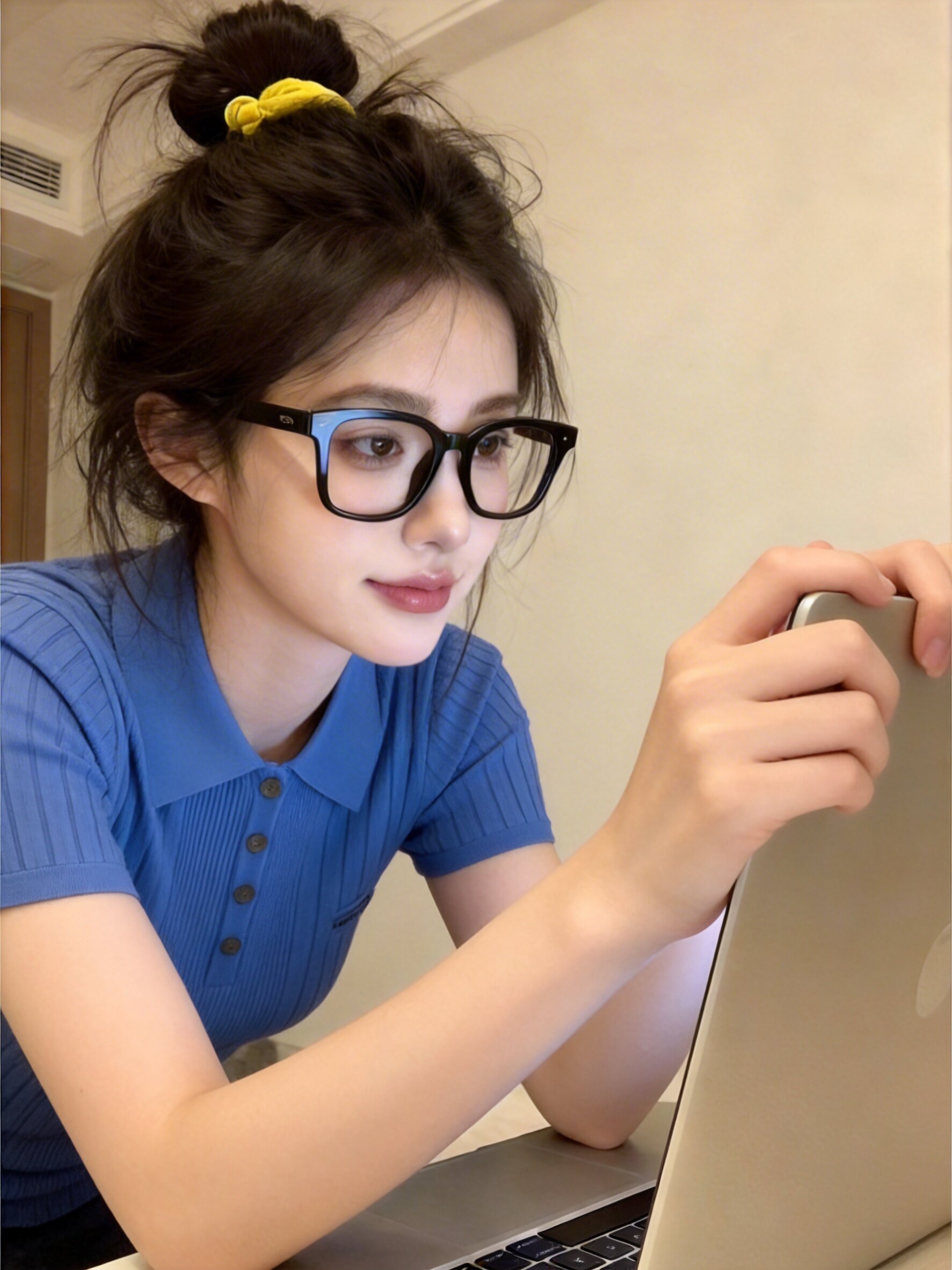 克萊因藍polo衫翻領坑條修身正肩短袖T恤女夏季穿搭韓系掐腰上衣