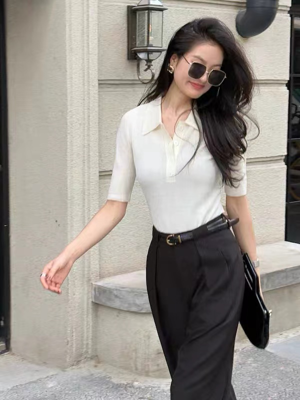 linnMIU系POLO衫夏季短袖羊毛衫毛衣女百搭針織衫M25MS284