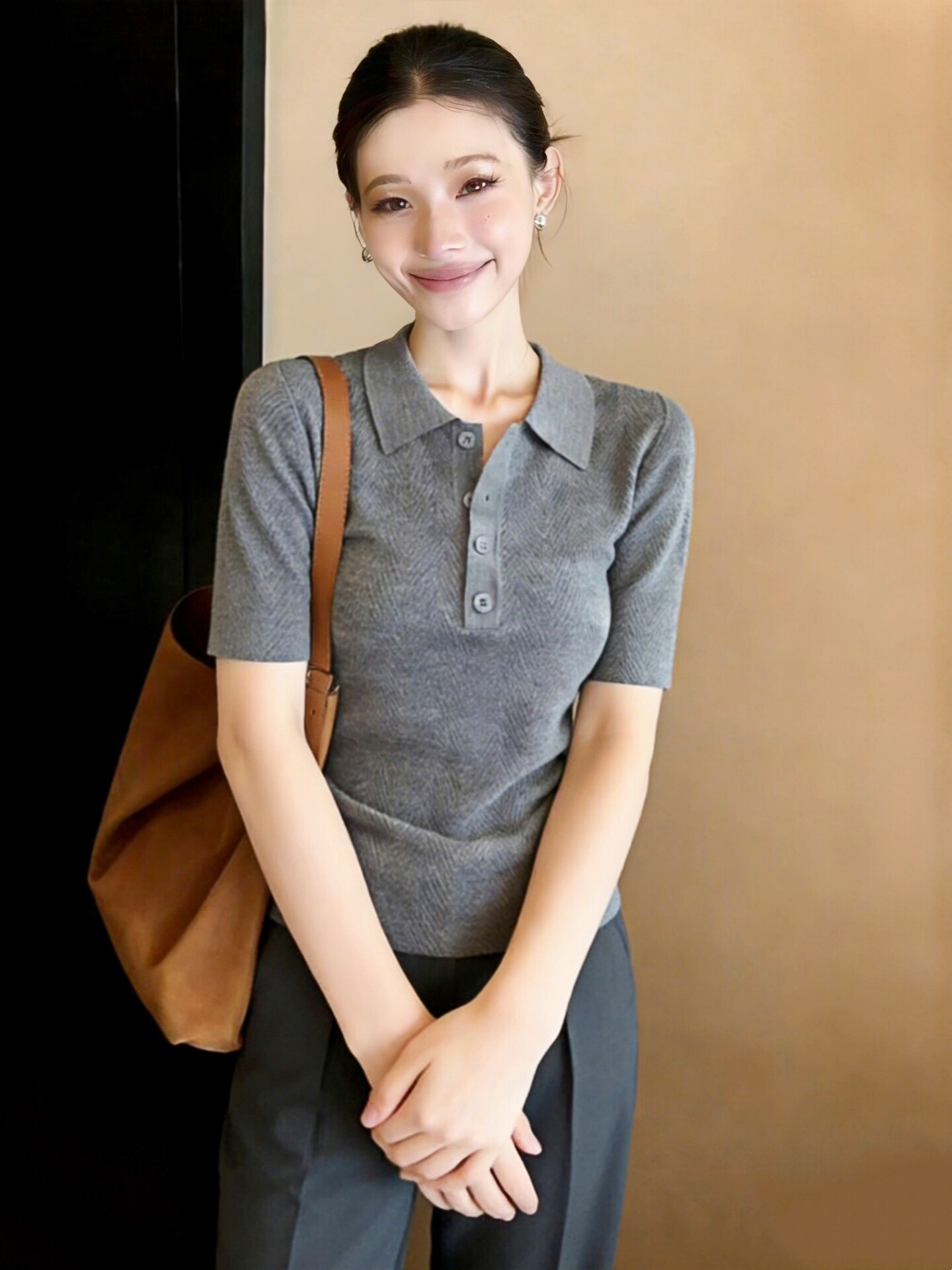 灰色翻領短袖針織衫女裝春裝2026新款韓系高級感氣質女士上衣毛衣