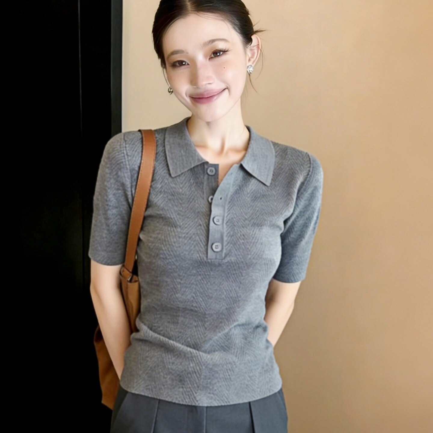 灰色翻領短袖針織衫女裝春裝2026新款韓系高級感氣質女士上衣毛衣