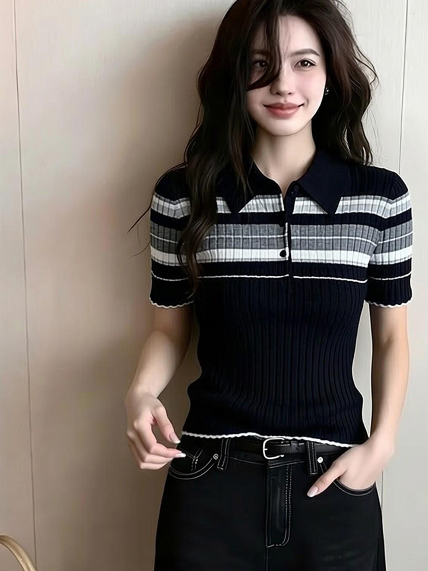 小個子條紋針織短袖冰絲T恤女夏季2026新款polo領修身短款上衣薄