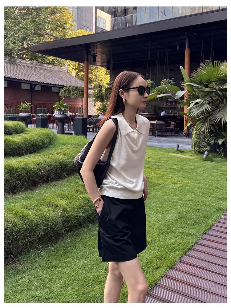 靠譜KEEP KAPU 萊賽爾天絲亞麻藏青色涼感polo領無袖背心上衣女夏