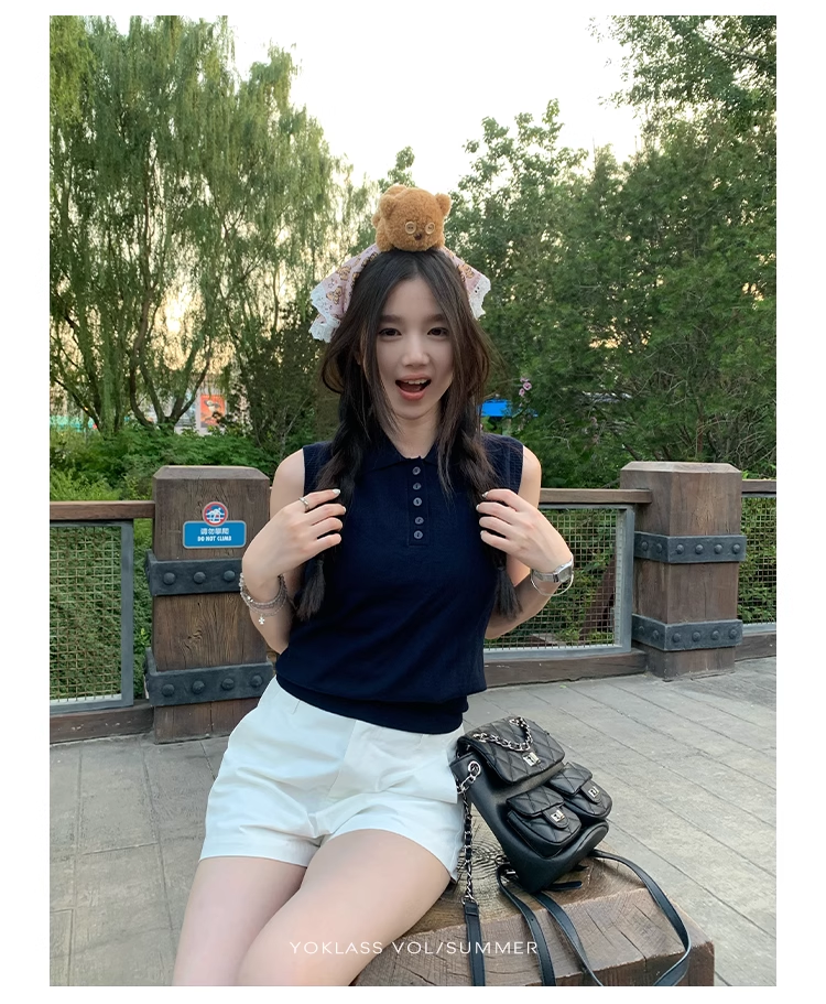 王少女的店 miu系polo領無袖背心女夏韓系氣質寬松顯瘦針織衫上衣