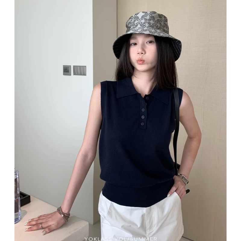 王少女的店 miu系polo領無袖背心女夏韓系氣質寬松顯瘦針織衫上衣
