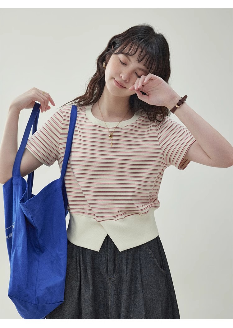 甜美紅條紋收腰短款t恤女夏季新款開叉短袖上衣