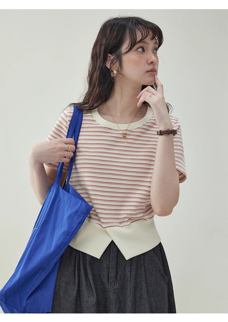 甜美紅條紋收腰短款t恤女夏季新款開叉短袖上衣