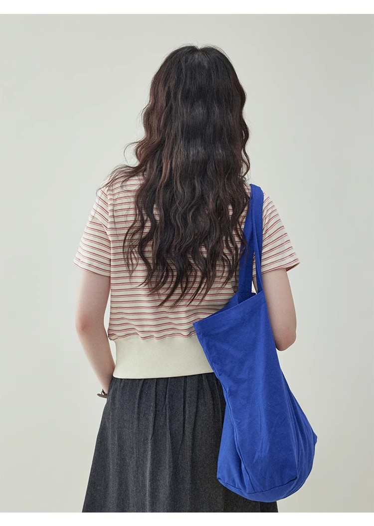 甜美紅條紋收腰短款t恤女夏季新款開叉短袖上衣