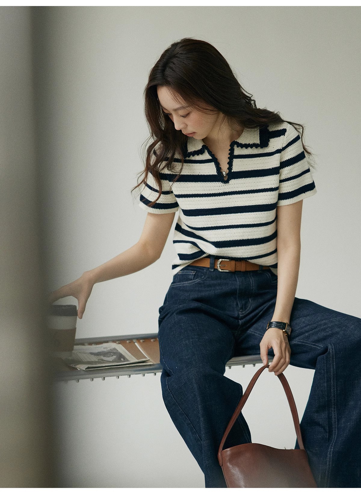 Joli Choose撞色條紋針織短袖T恤女夏季POLO領休閑通勤百搭小衫