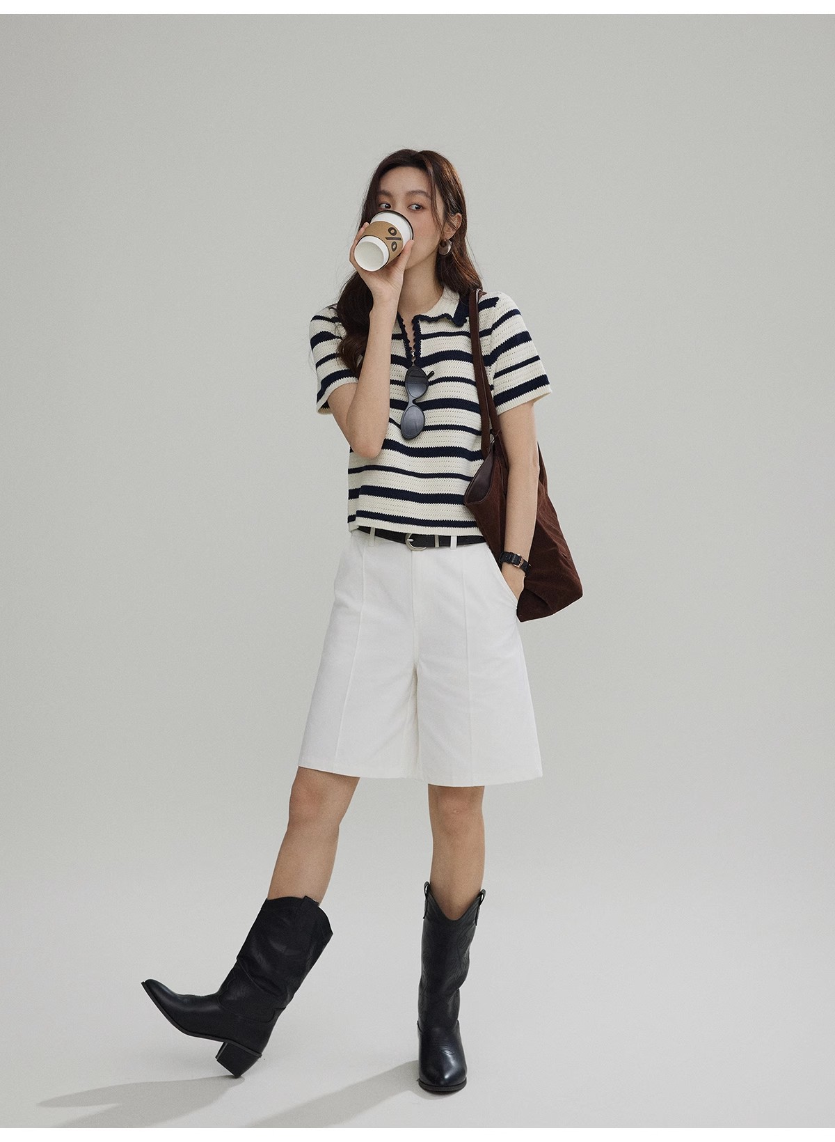 Joli Choose撞色條紋針織短袖T恤女夏季POLO領休閑通勤百搭小衫