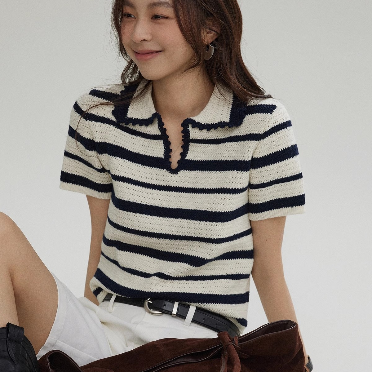 Joli Choose撞色條紋針織短袖T恤女夏季POLO領休閑通勤百搭小衫