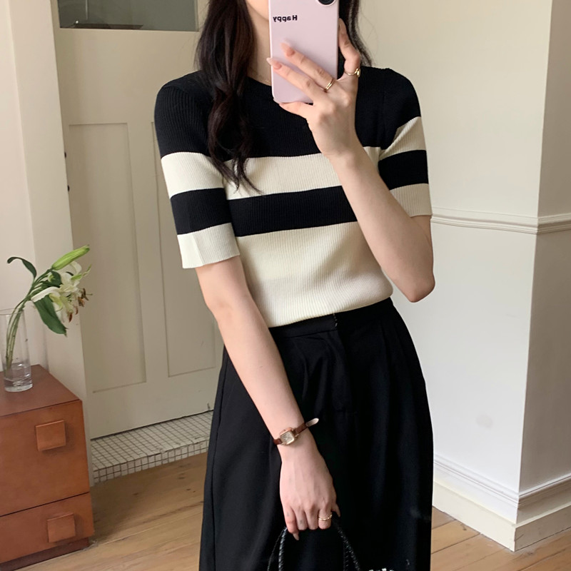 針織條紋短袖T恤女士夏季薄款輕奢高級感圓領打底衫拼色內搭上衣