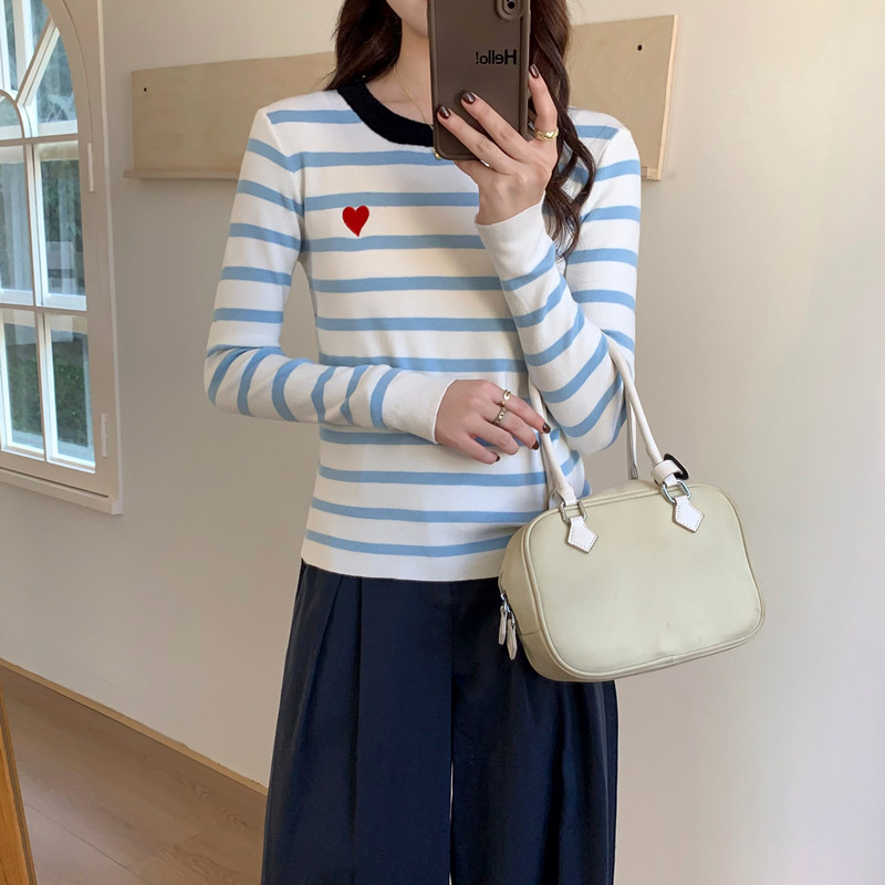 韓系撞色條紋針織衫女早春2026新款高級感內搭打底衫甜辣修身上衣