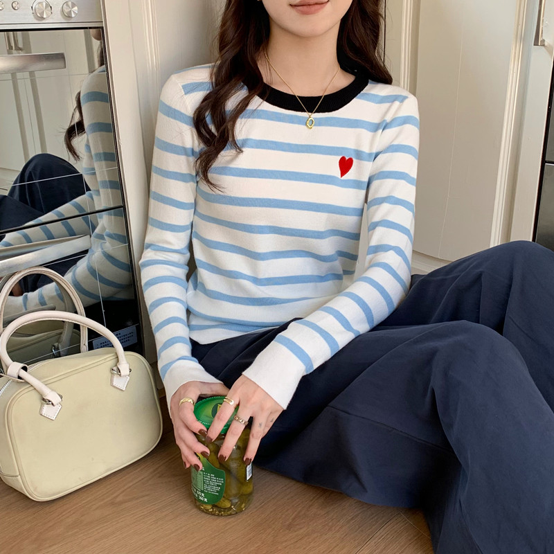 韓系撞色條紋針織衫女早春2026新款高級感內搭打底衫甜辣修身上衣