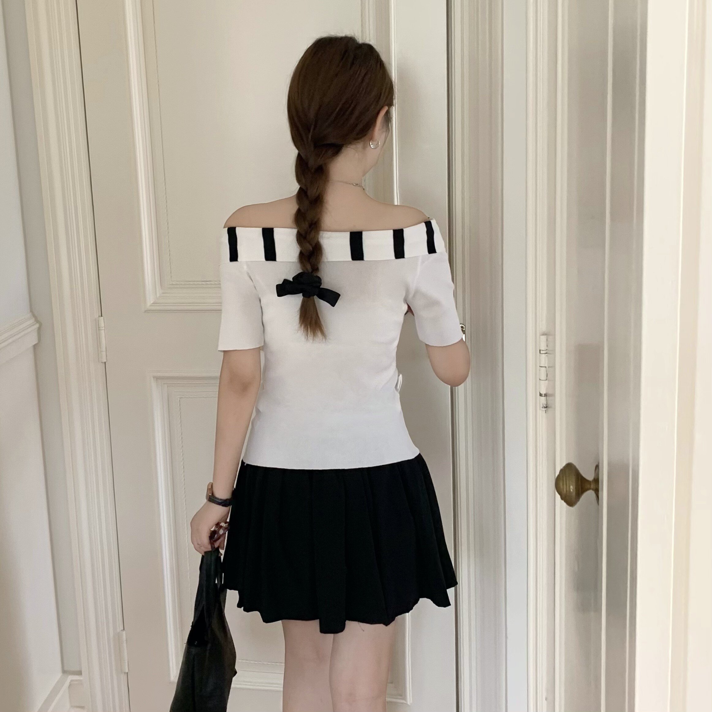 CODICE 夏季條紋拼接水手領設計感一字肩修身顯瘦短袖打底上衣女