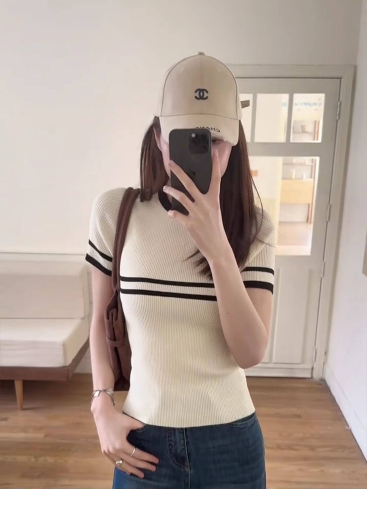 韓系杏色條紋冰絲針織短袖正肩t恤女夏季小個子獨特別致短款上衣