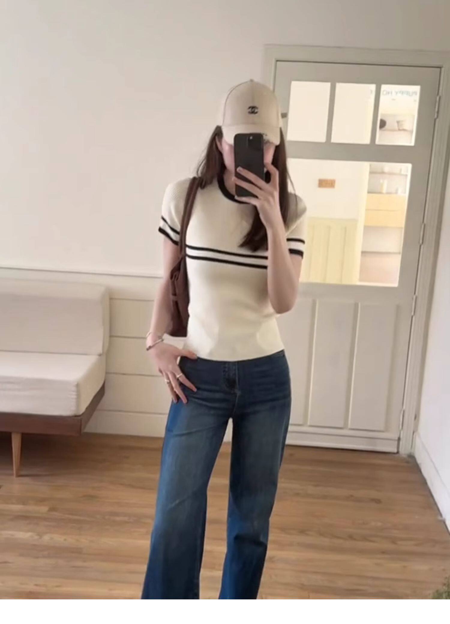 韓系杏色條紋冰絲針織短袖正肩t恤女夏季小個子獨特別致短款上衣