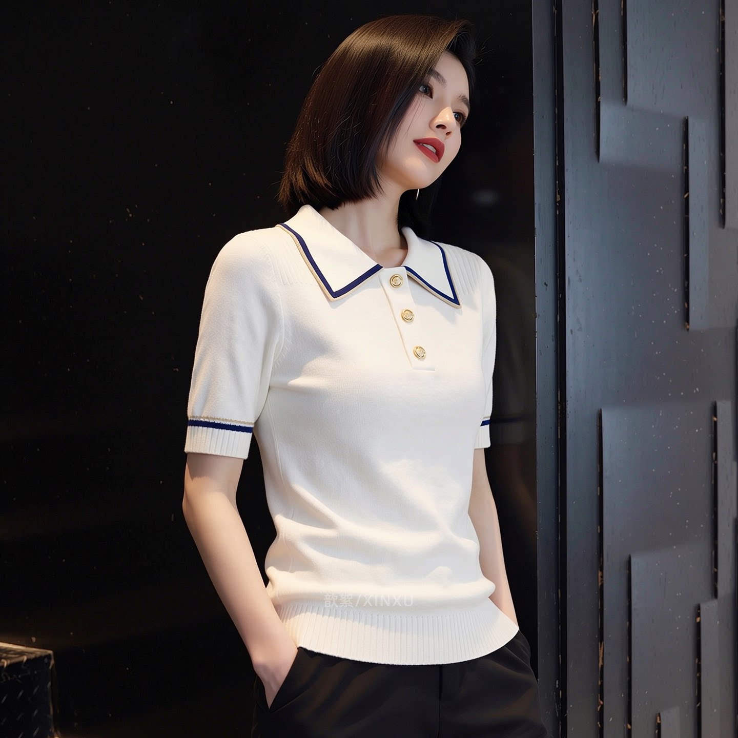 2026夏季新款韓版polo領拼色短袖針織衫女修身顯瘦氣質小眾上衣潮
