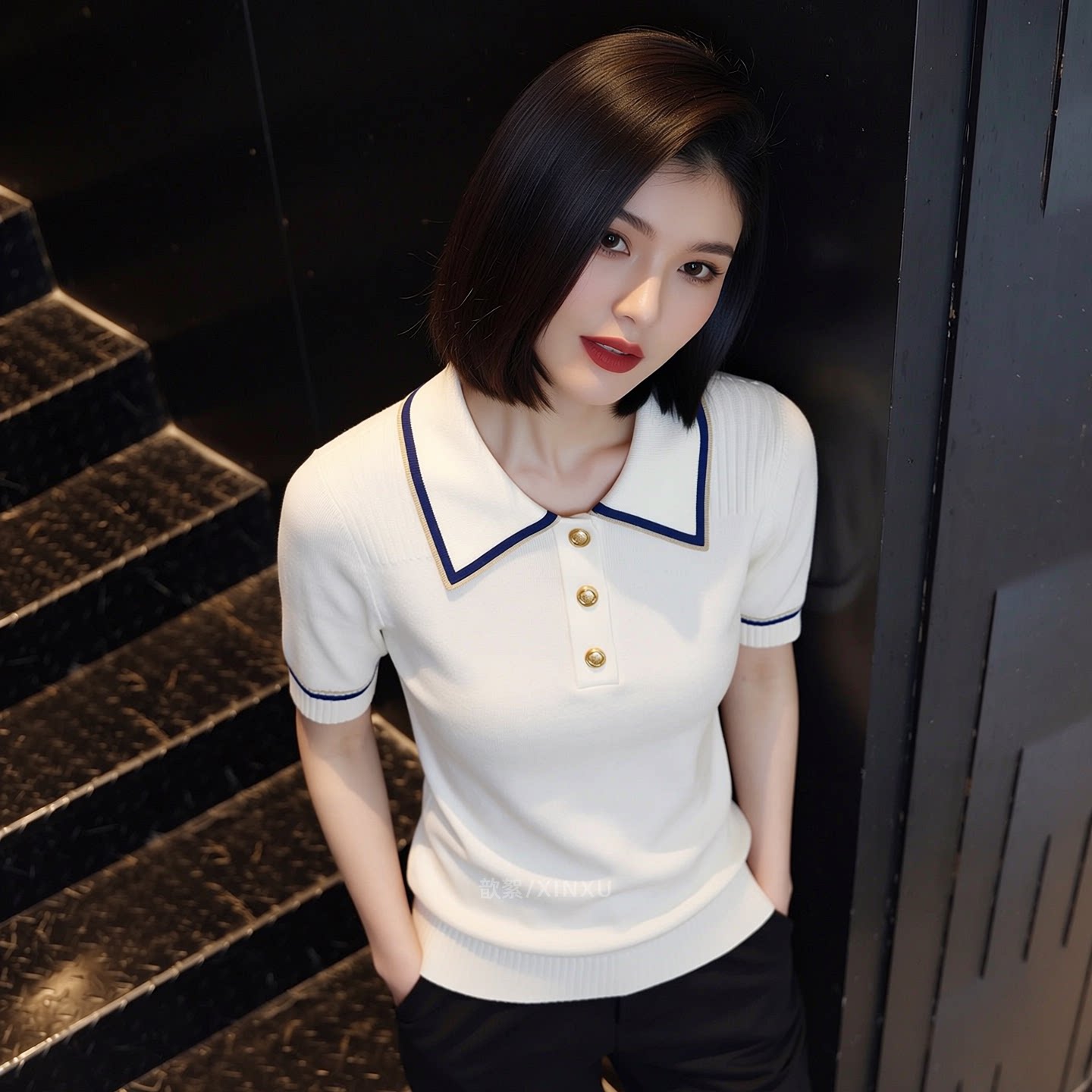 2026夏季新款韓版polo領拼色短袖針織衫女修身顯瘦氣質小眾上衣潮