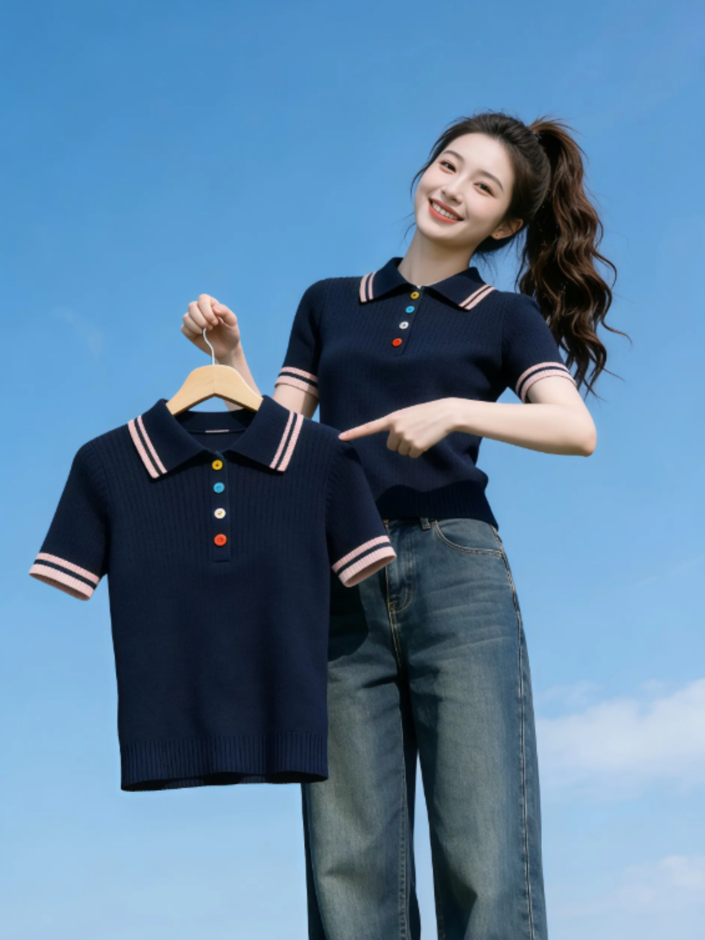 polo領藏藍針織短袖T恤女2026夏季新款寬松顯瘦獨特絕美氣質上衣