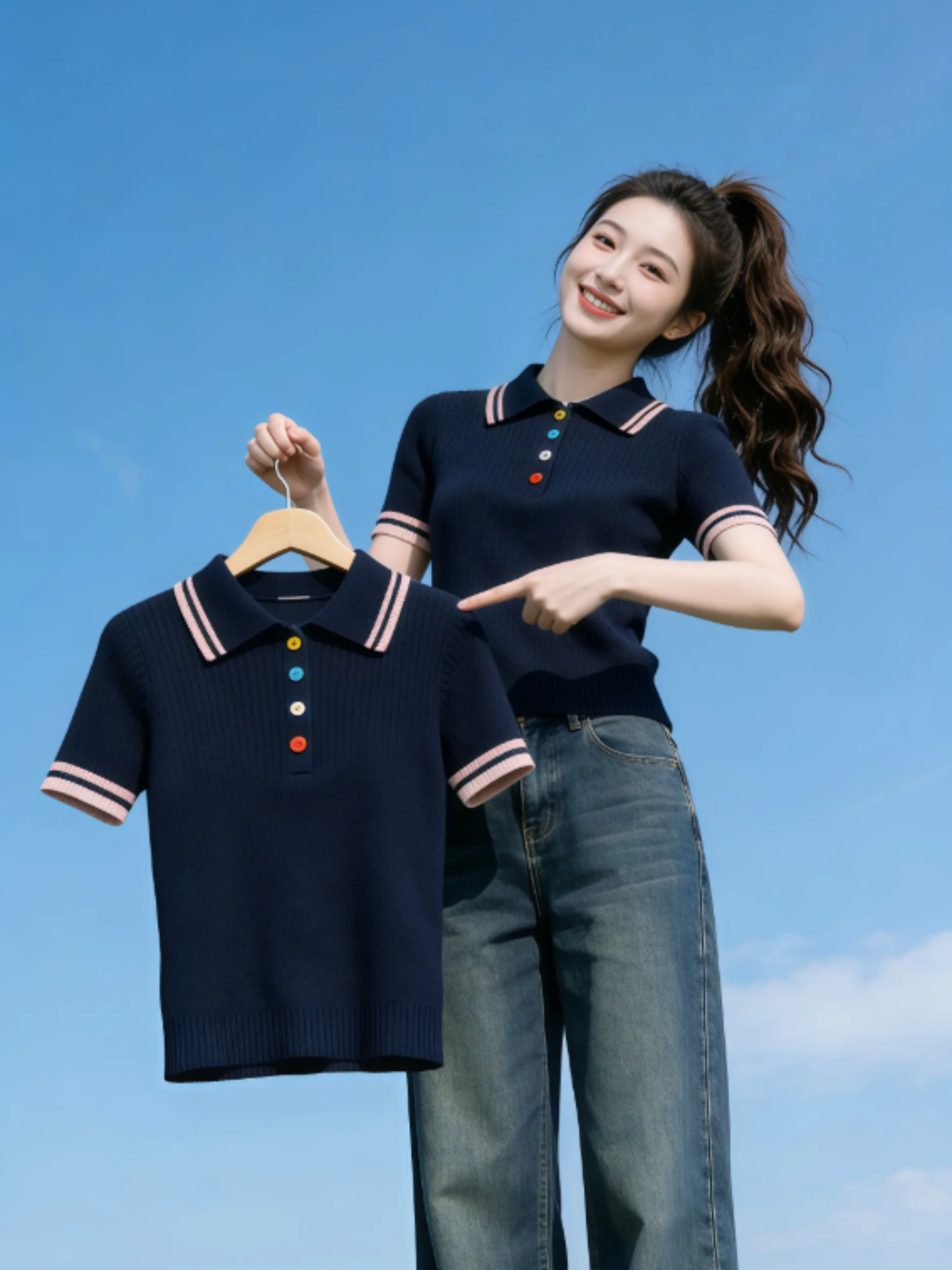 polo領藏藍針織短袖T恤女2026夏季新款寬松顯瘦獨特絕美氣質上衣