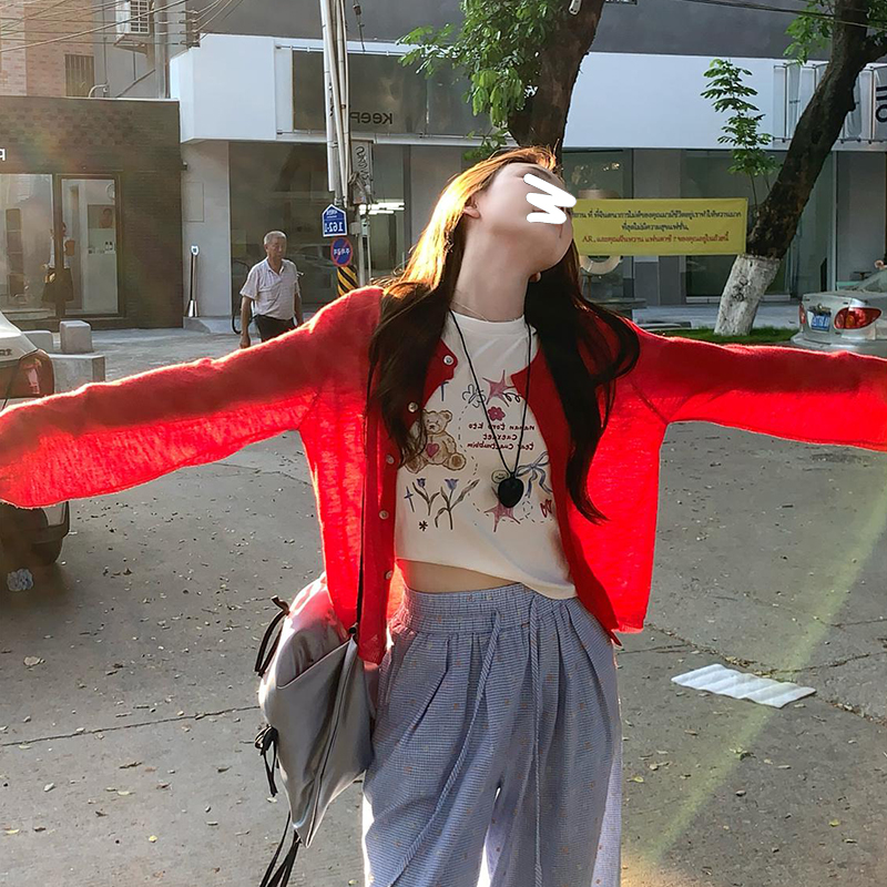 蝴蝶結刺繡紅色短款針織開衫女夏季薄款外搭冰絲防曬外套披肩上衣