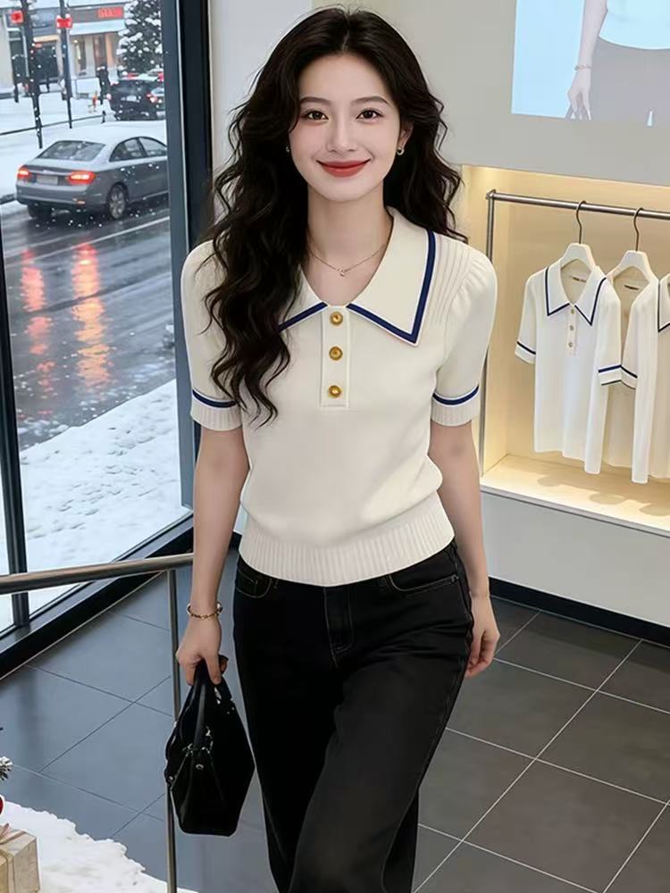 2026夏季新款翻領時尚短袖洋氣毛針織衫女氣質修身顯瘦高級感上衣