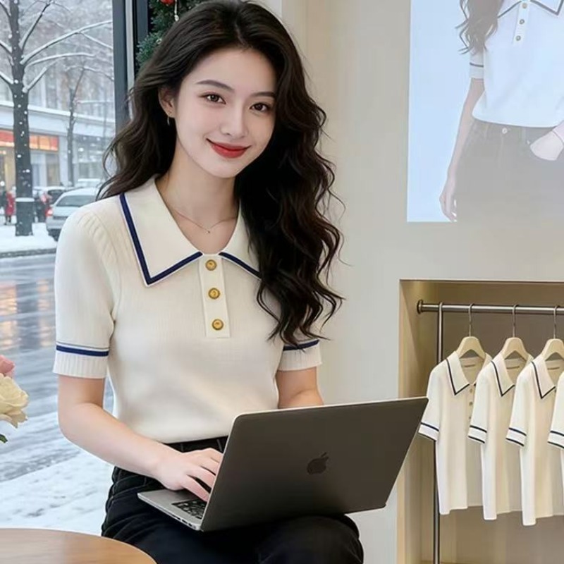 2026夏季新款翻領時尚短袖洋氣毛針織衫女氣質修身顯瘦高級感上衣
