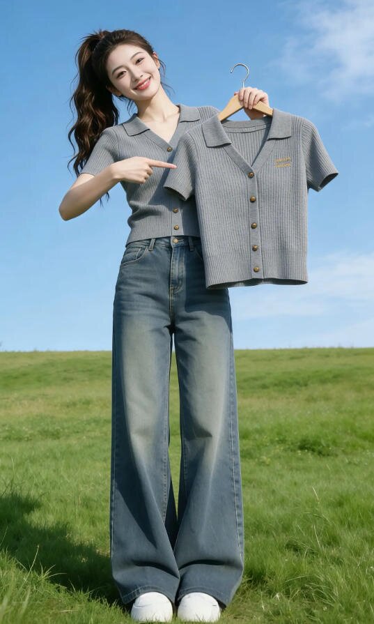 藏青色翻領V領紐扣針織衫短袖T恤女2026新款夏季別致刺繡短款上衣