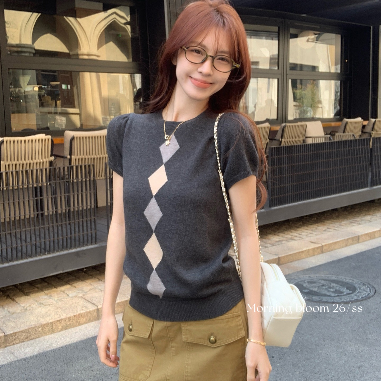 morning bloom灰色菱格針織短袖T恤女夏季新款顯瘦百搭泡泡袖上衣