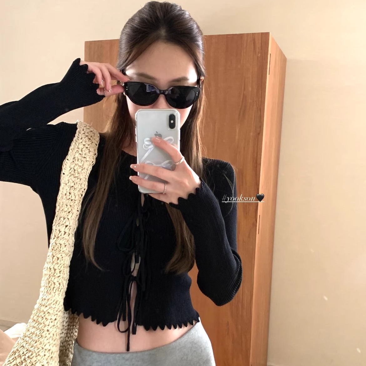 HEYGIRL黑哥 春日小衫 三色閉眼入 女春短款顯瘦綁帶花邊針織開衫