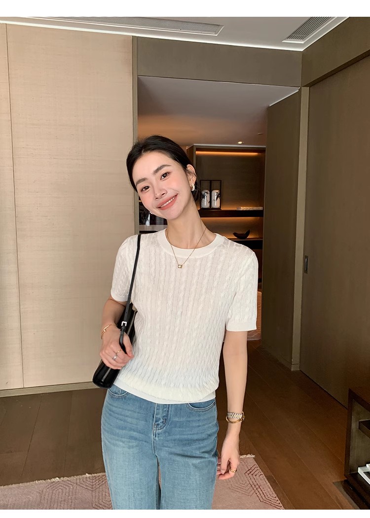 Maven Lin 軟糯親膚 基礎版麻花短袖針織衫女萊賽爾氣質寬松上衣
