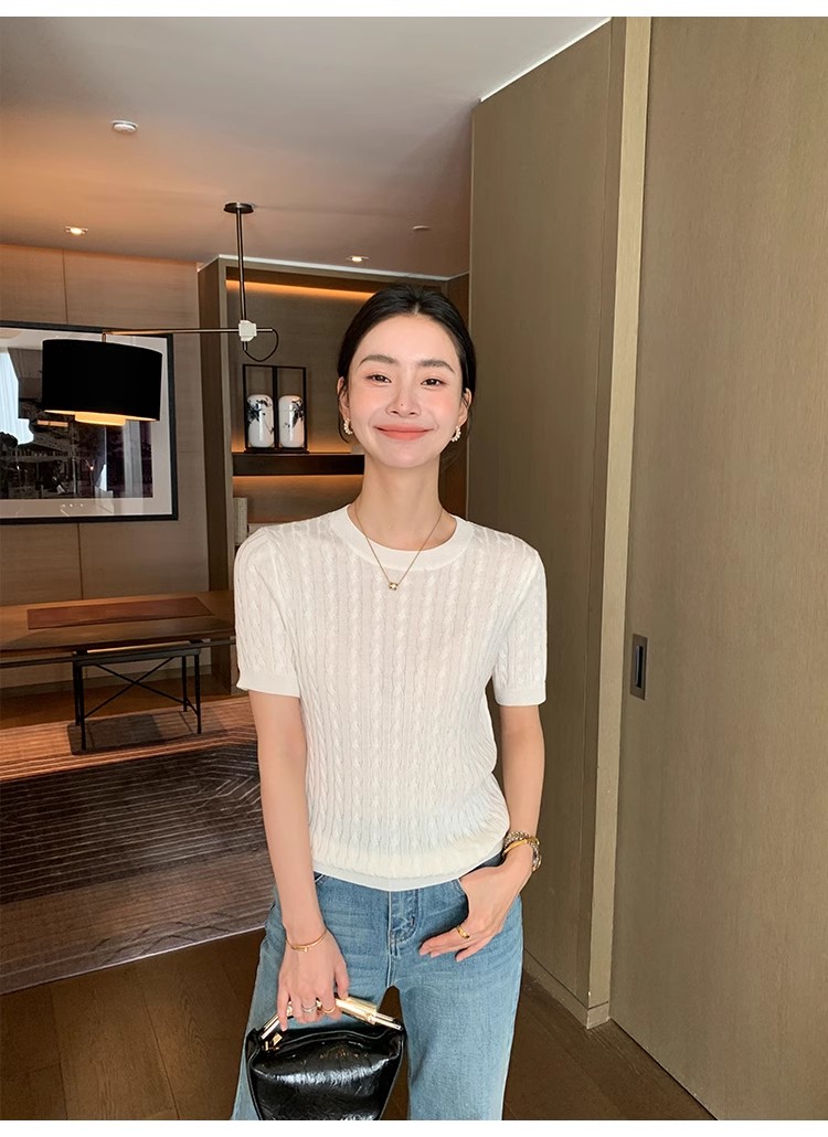 Maven Lin 軟糯親膚 基礎版麻花短袖針織衫女萊賽爾氣質寬松上衣