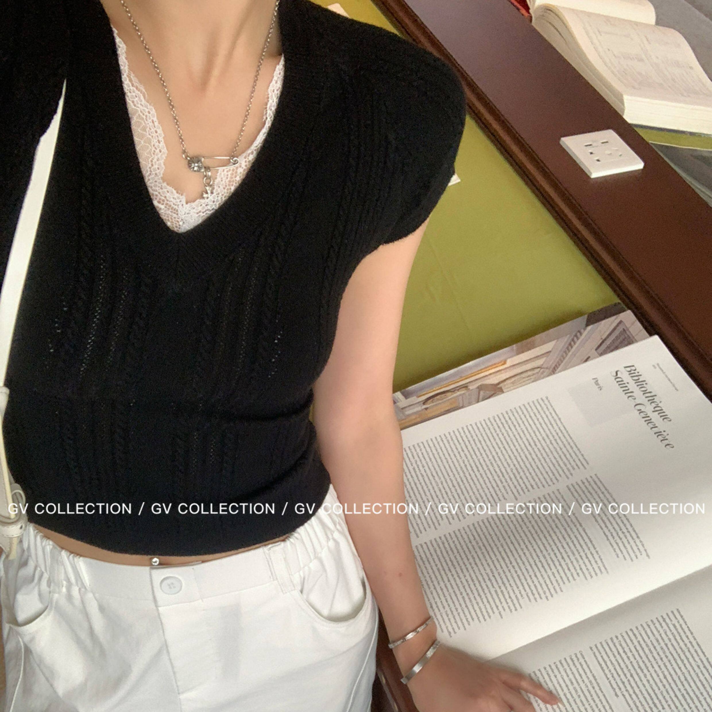 GV大白哥 清淡奶油 肌理針織蕾絲拼接修身短袖上衣春夏新款辣妹