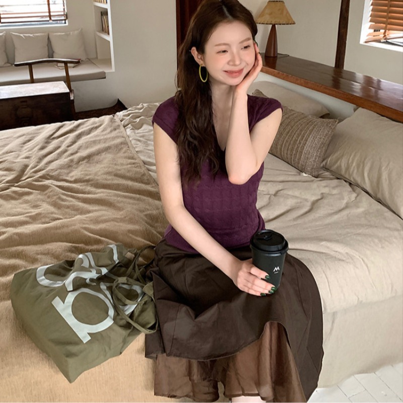 DIAMOND◆松亭濱陌 體水波紋路 V領蓋袖修身針織背心顯瘦短袖上衣