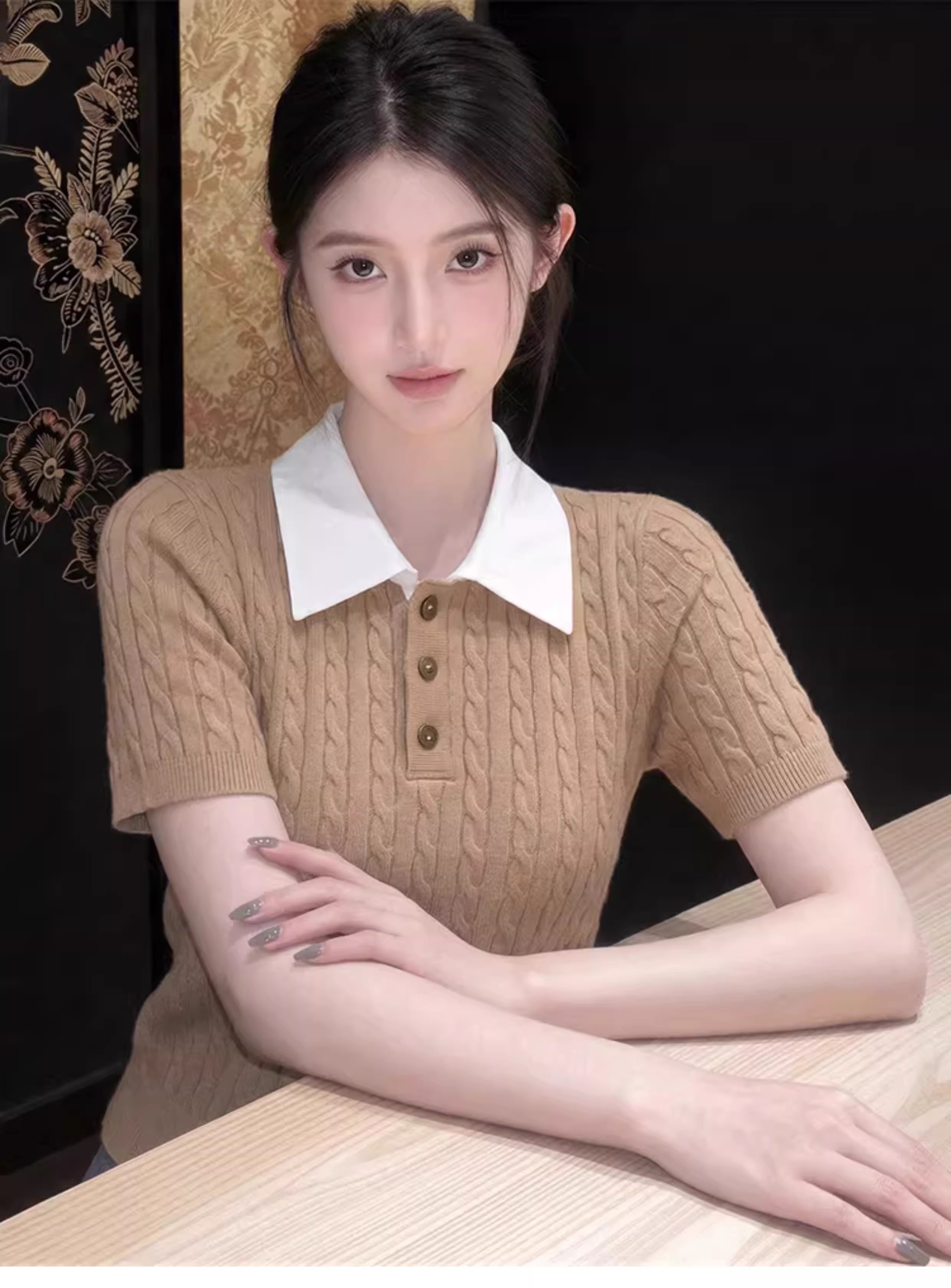 2026夏季新款高級感絞花紋翻領針織短袖T恤女純色顯瘦百搭上衣潮
