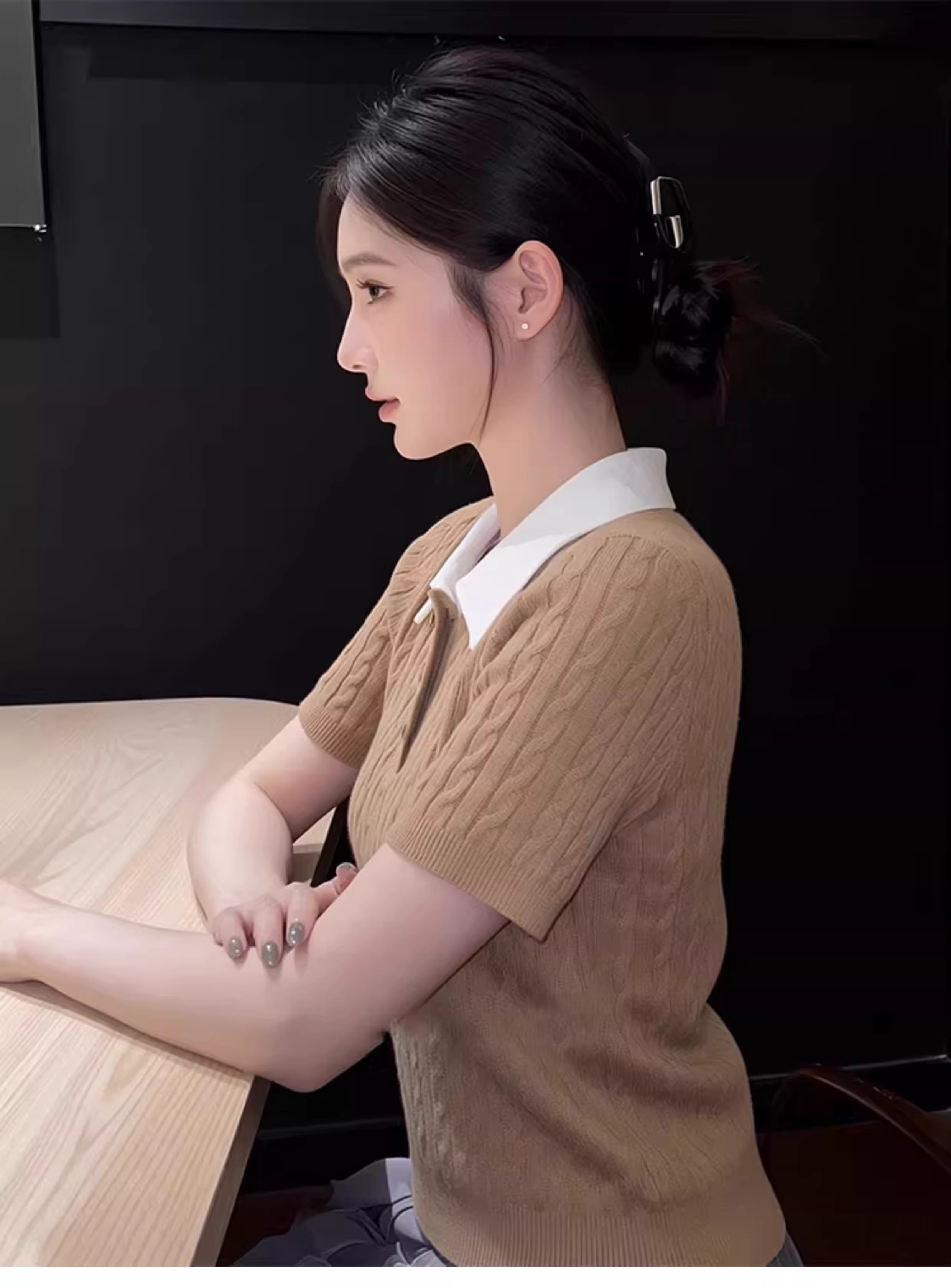 2026夏季新款高級感絞花紋翻領針織短袖T恤女純色顯瘦百搭上衣潮