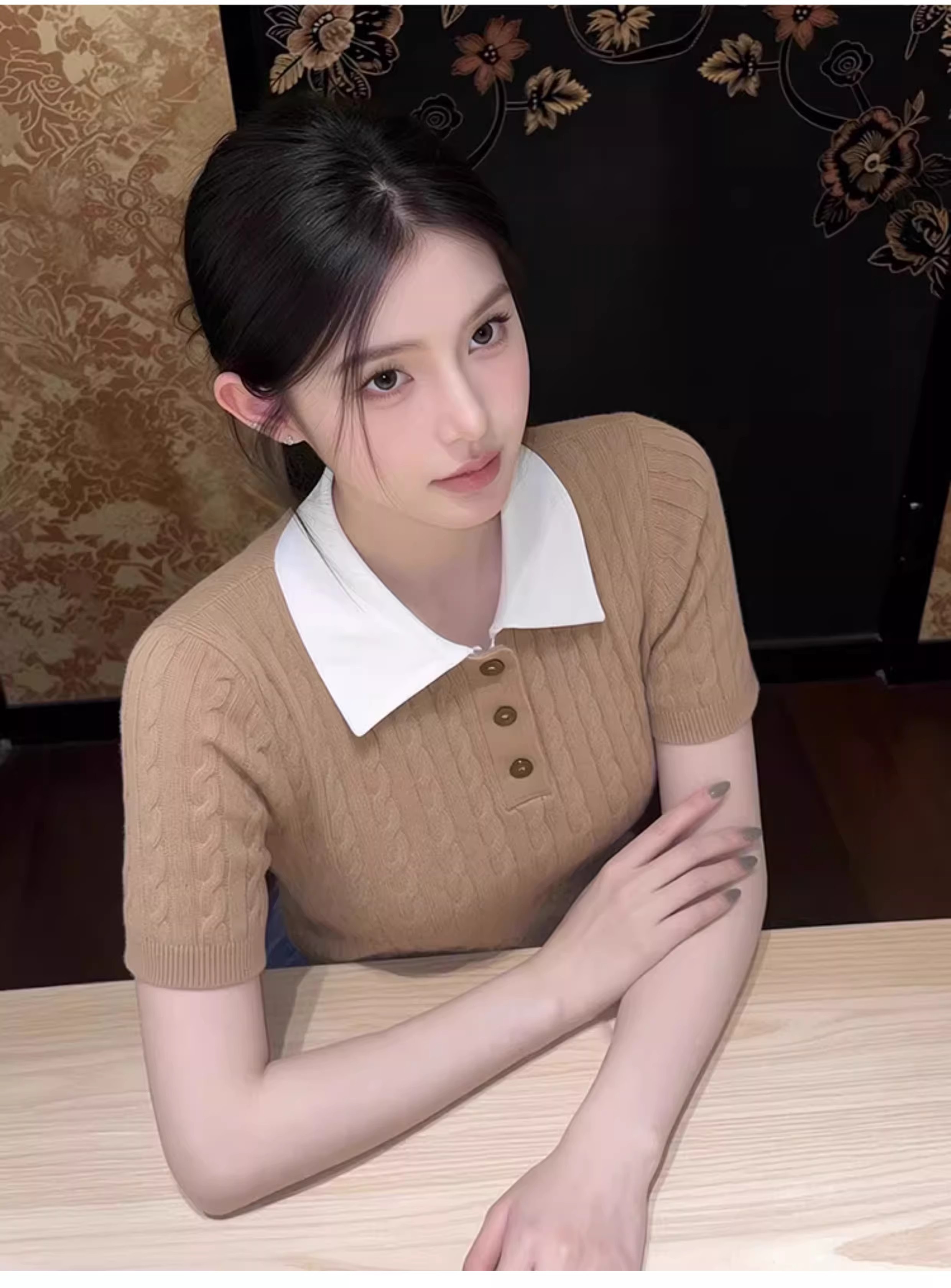 2026夏季新款高級感絞花紋翻領針織短袖T恤女純色顯瘦百搭上衣潮