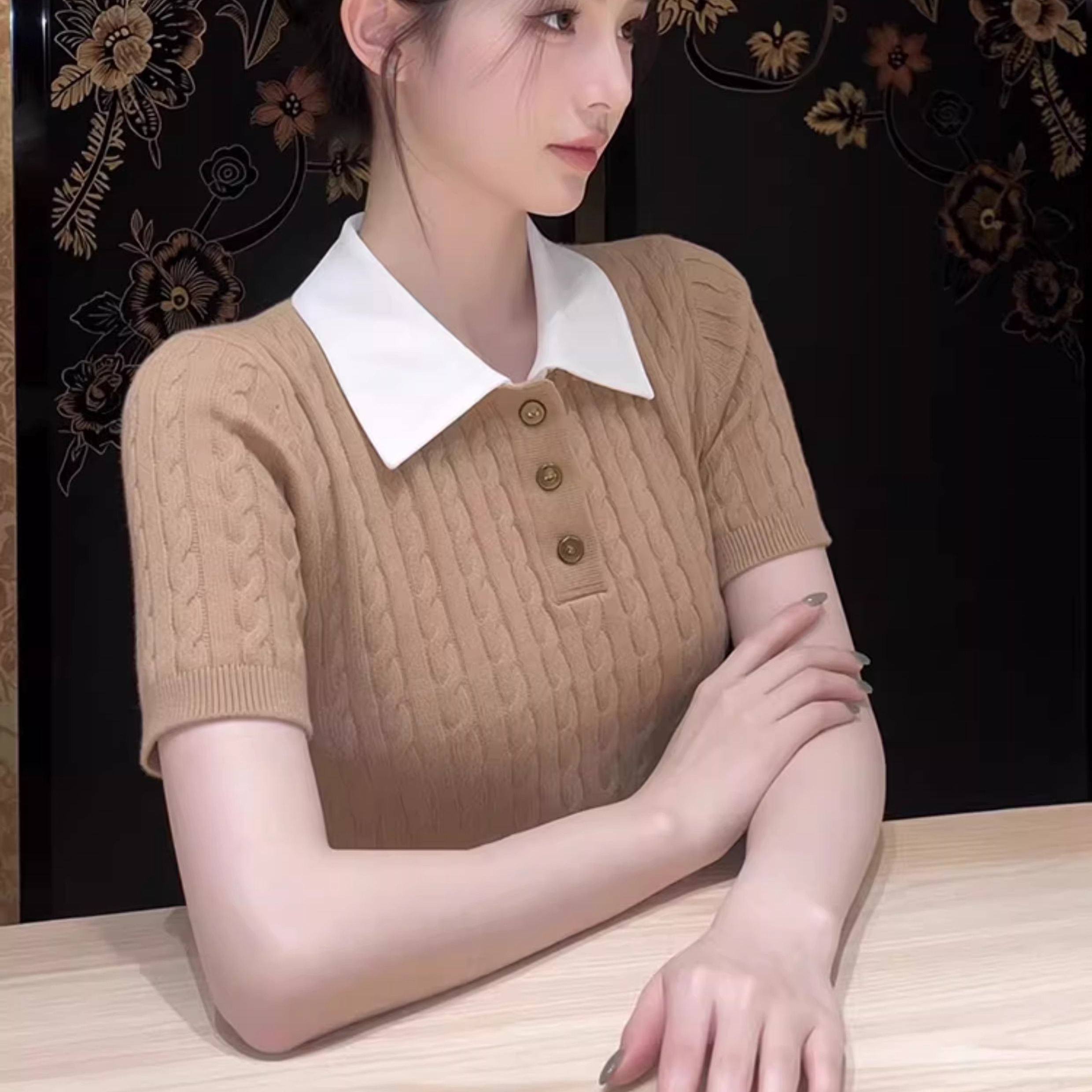 2026夏季新款高級感絞花紋翻領針織短袖T恤女純色顯瘦百搭上衣潮