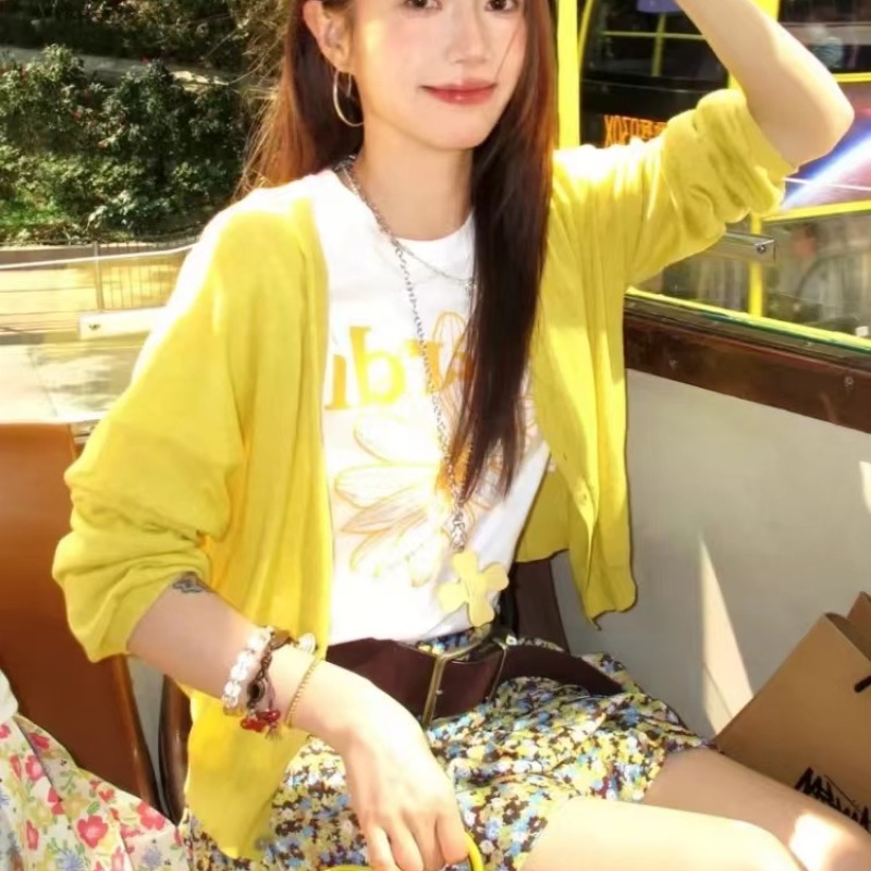 多巴胺黃色針織冰絲防曬開衫女夏季韓系寬松長袖防曬衣短款小個子