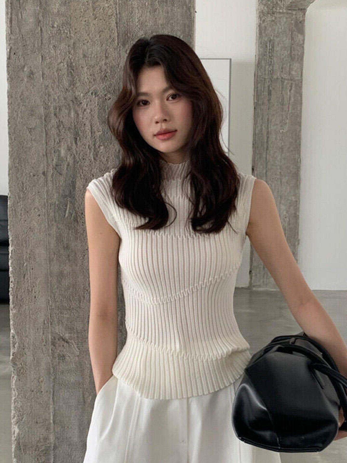 韓系白色半高領無袖針織T恤女夏季小個子顯瘦獨特漂亮設計感上衣