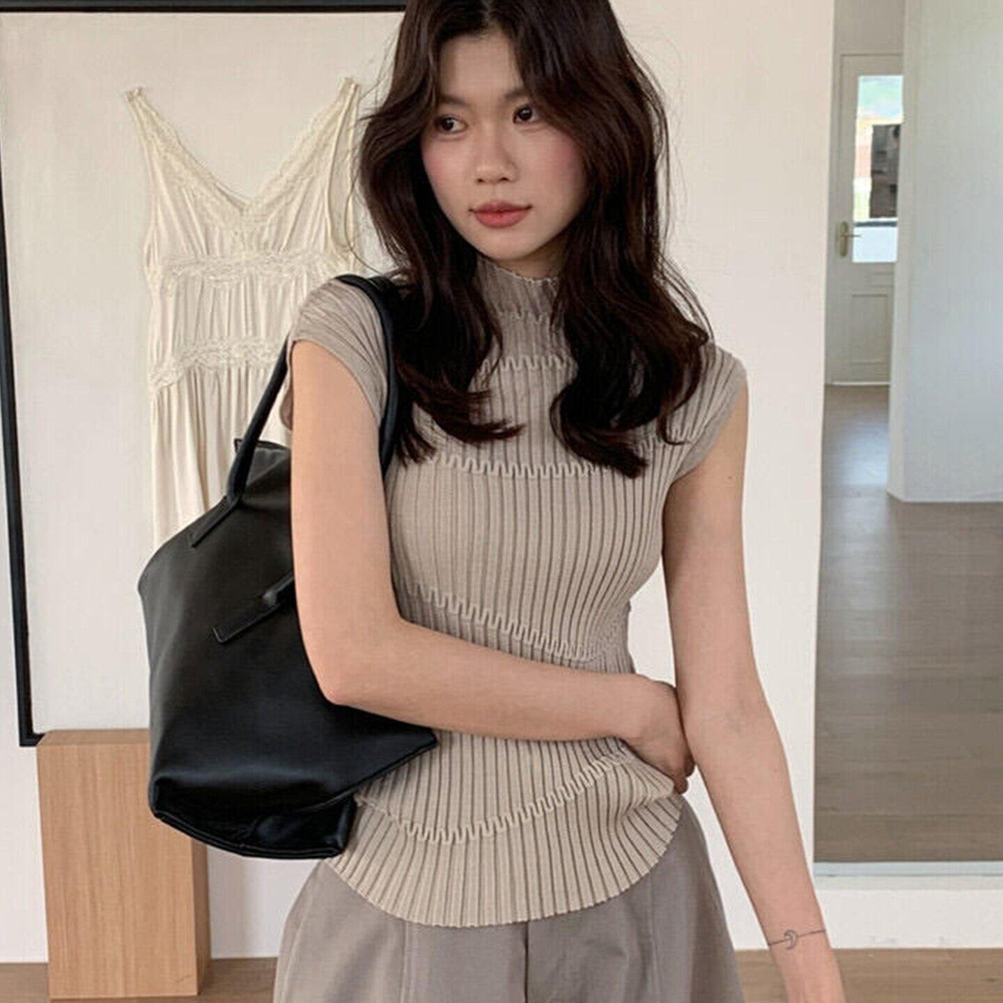 韓系白色半高領無袖針織T恤女夏季小個子顯瘦獨特漂亮設計感上衣