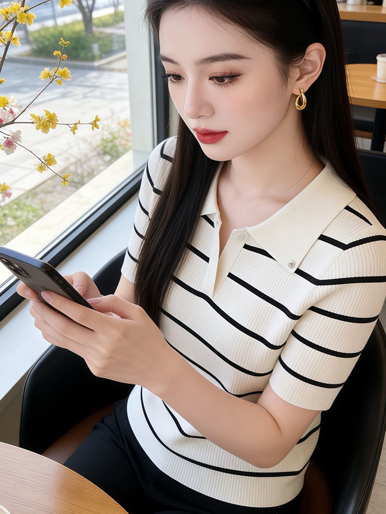韓版時尚條紋拼接翻領短袖針織衫女2026年夏季新款超好看穿搭上衣