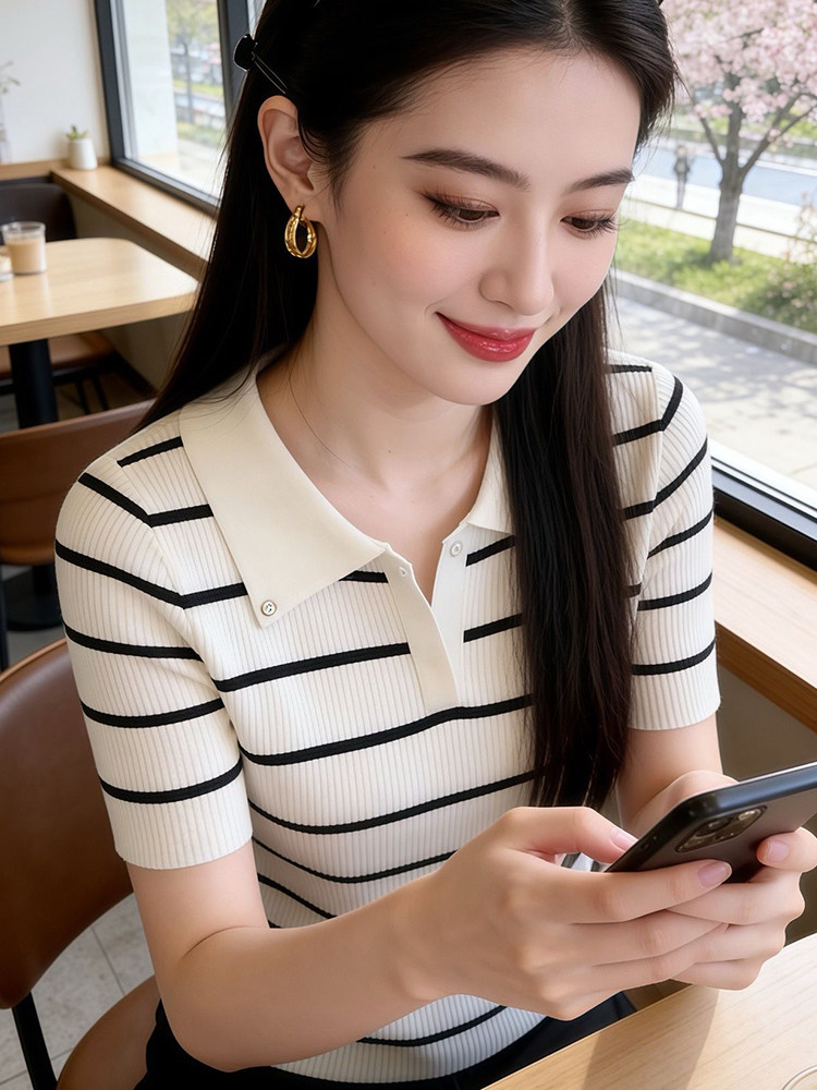 韓版時尚條紋拼接翻領短袖針織衫女2026年夏季新款超好看穿搭上衣