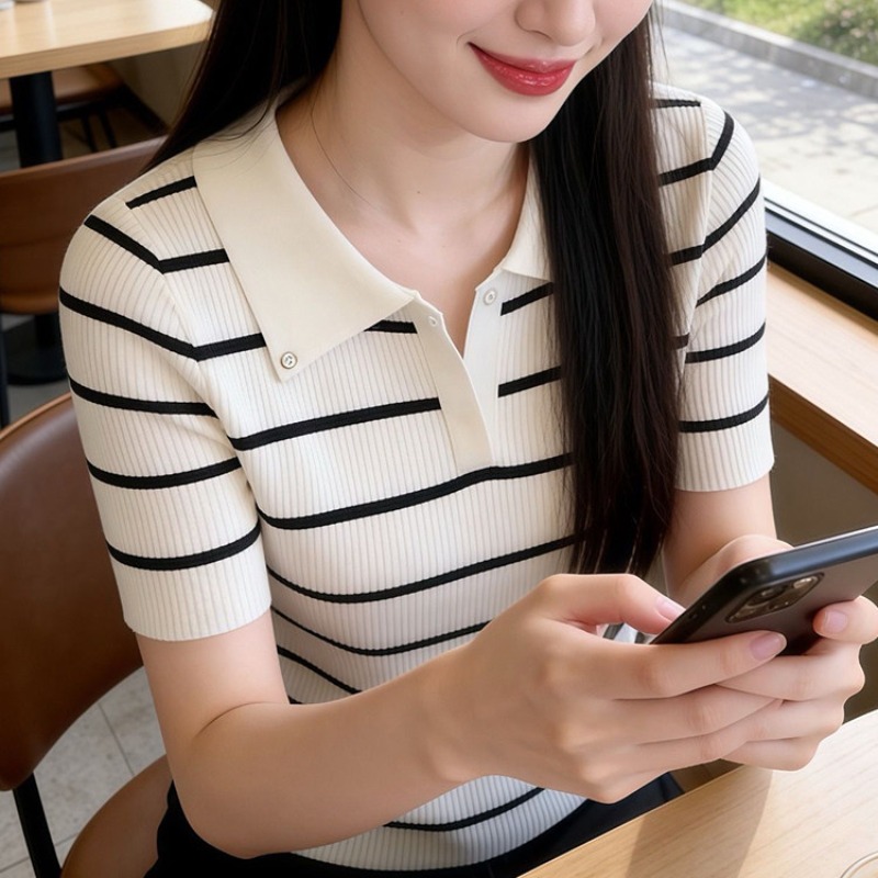 韓版時尚條紋拼接翻領短袖針織衫女2026年夏季新款超好看穿搭上衣