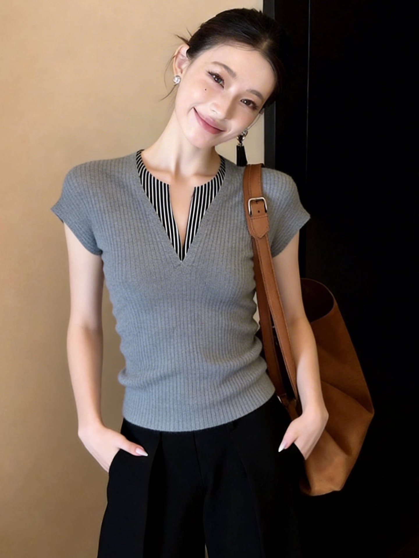 復古氣質條紋拼接假兩件t恤女2026春夏新款辣妹修身短袖針織上衣