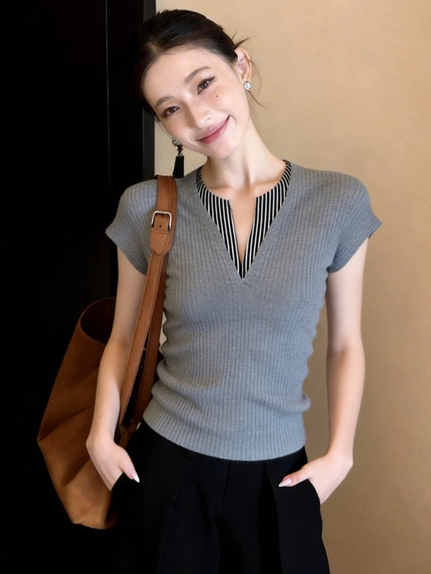復古氣質條紋拼接假兩件t恤女2026春夏新款辣妹修身短袖針織上衣