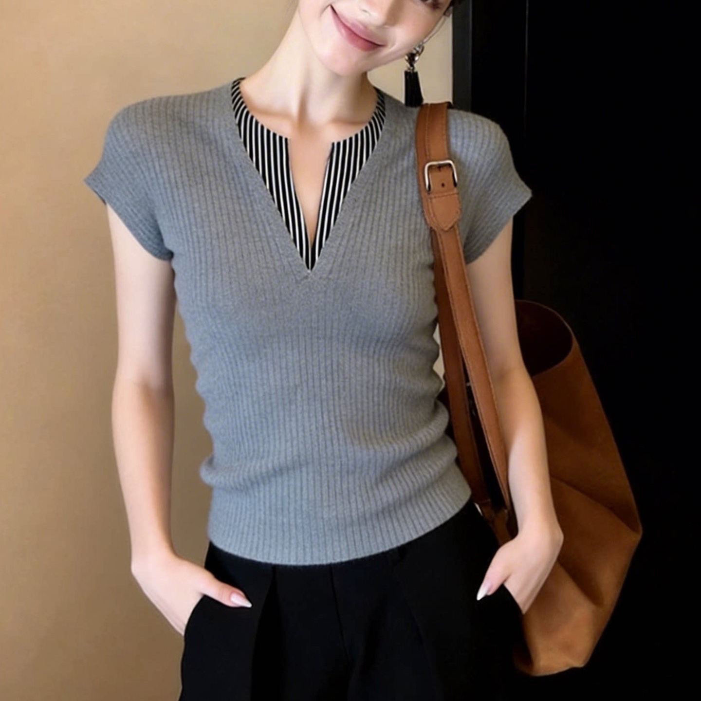 復古氣質條紋拼接假兩件t恤女2026春夏新款辣妹修身短袖針織上衣