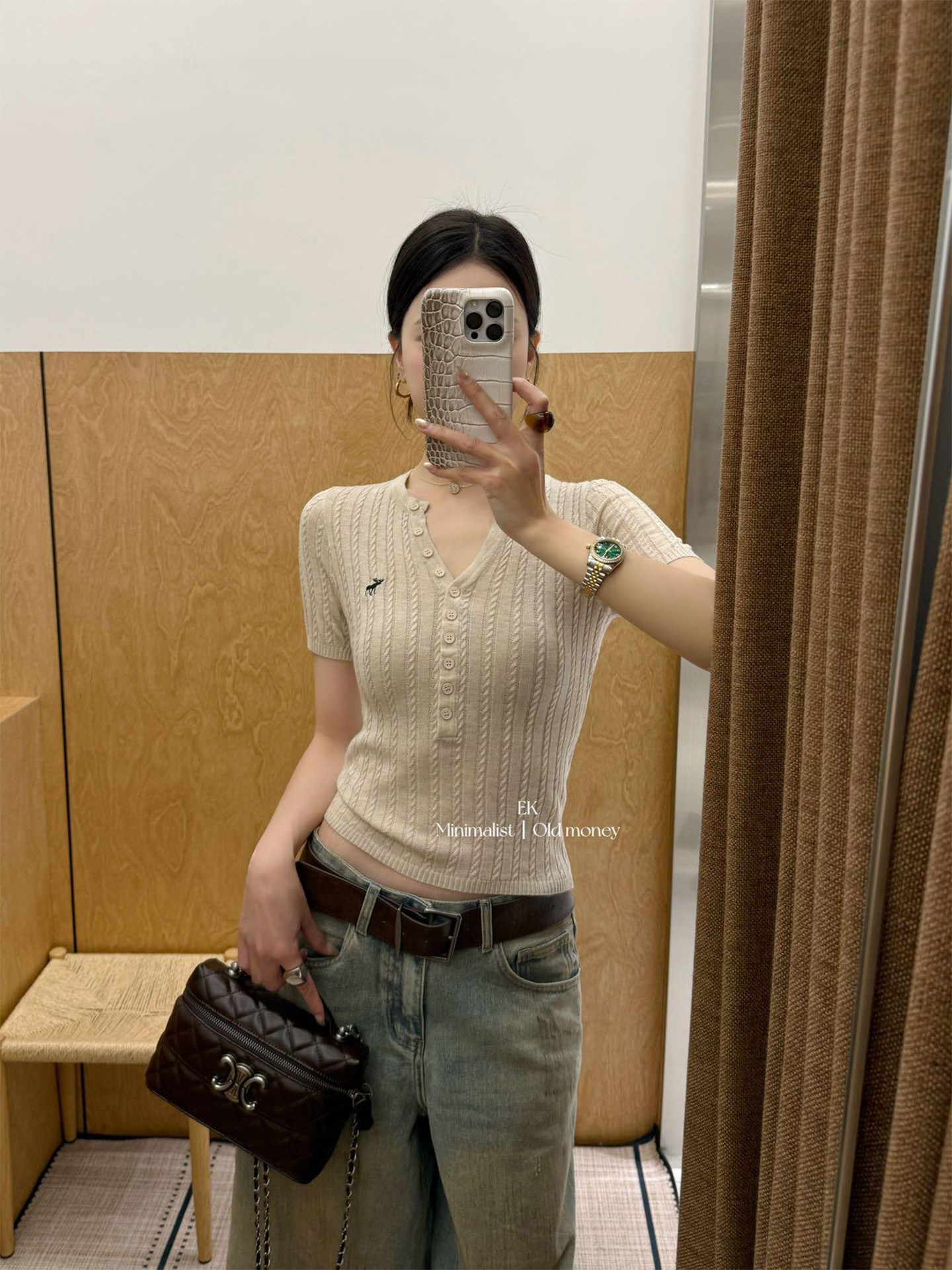 老錢風刺繡V領麻花針織衫短袖t恤女夏季小個子修身短款半開領上衣